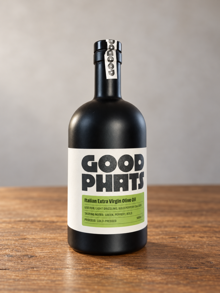 GOOD PHATS Italian Extra Virgin Olive Oil 500 ml bottle on a wooden table