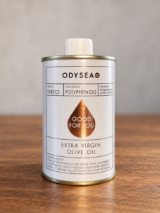 Odysea Good For You extra virgin olive oil tin on a wooden table