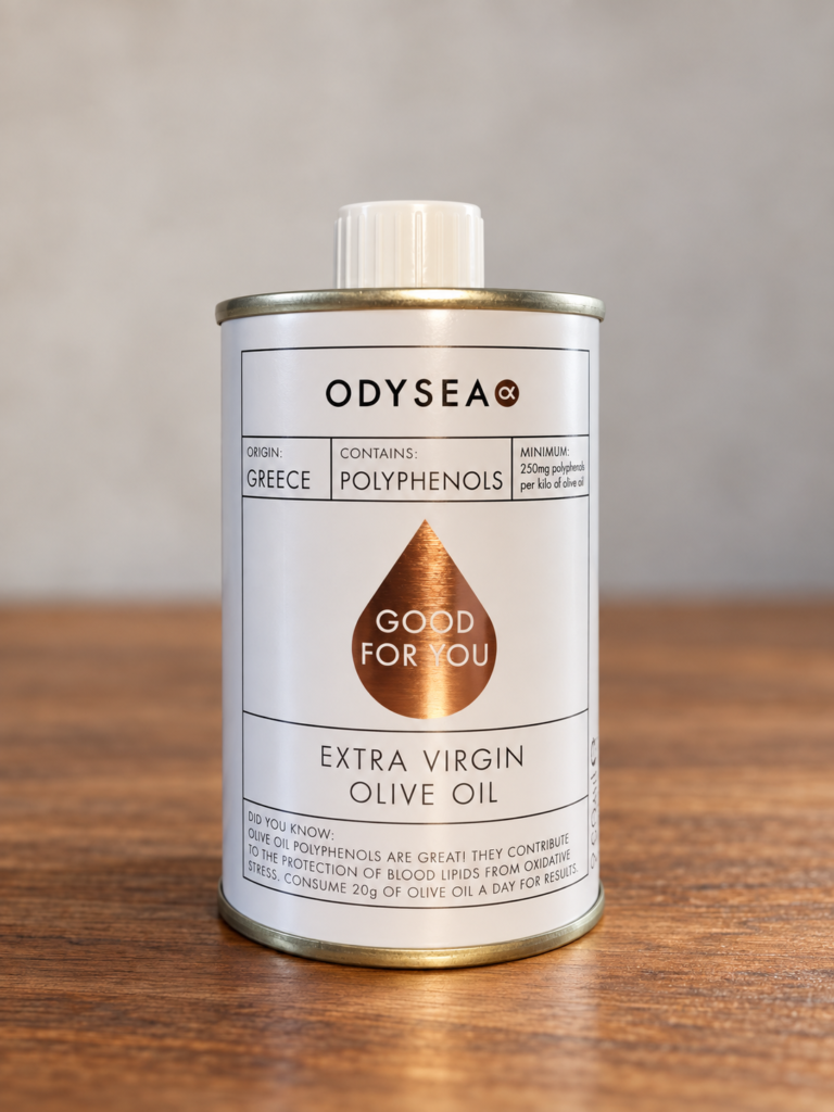 Odysea Good For You extra virgin olive oil tin on a wooden table
