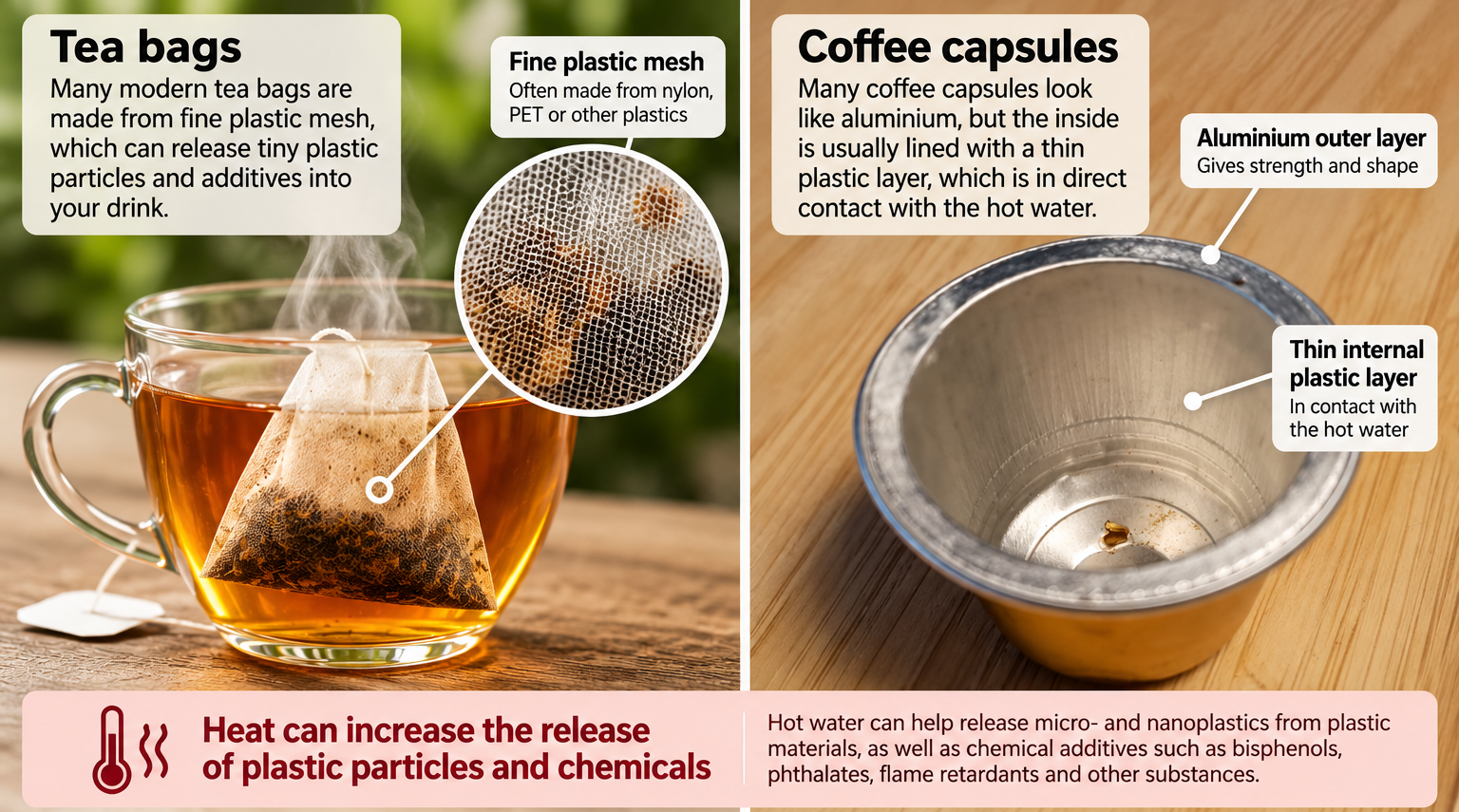 Illustration of plastic tea bags and coffee capsules as potential sources of microplastics and plastic-associated chemicals in hot drinks