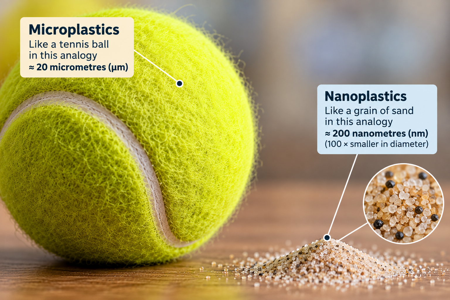 Tennis ball and grains of sand illustrating the difference between larger microplastics and much smaller nanoplastics