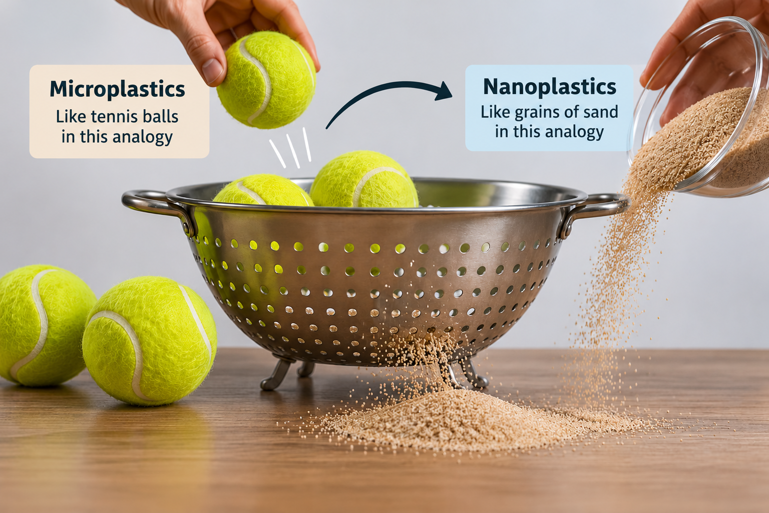 Colander analogy comparing larger microplastics with tennis balls and much smaller nanoplastics with grains of sand