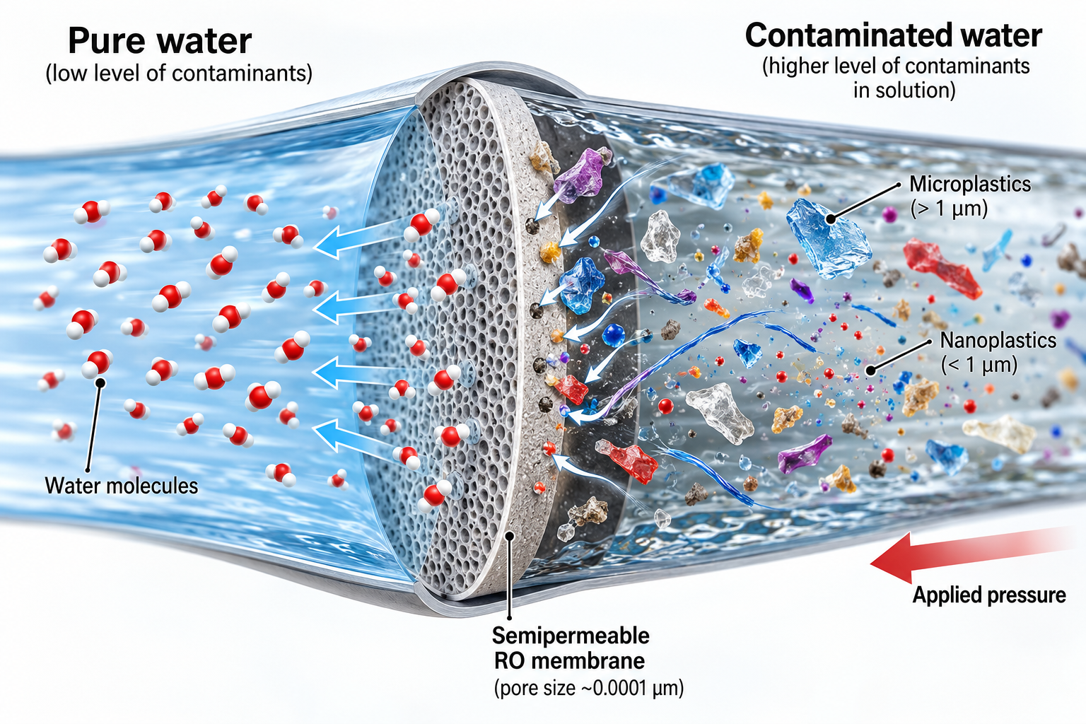 Reverse osmosis membrane allowing water molecules through while blocking microplastics and nanoplastics